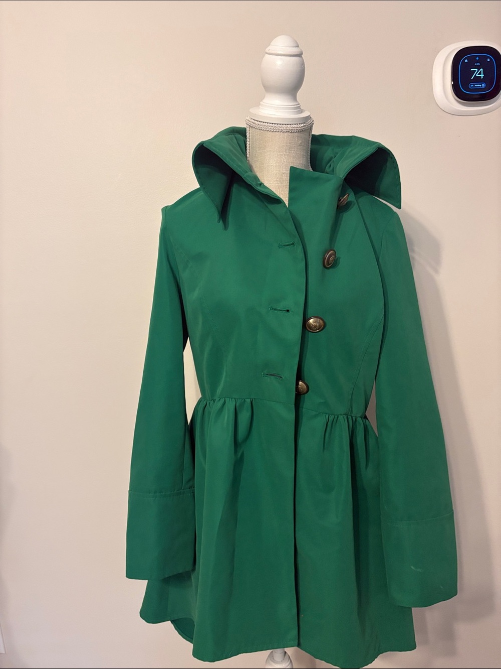 Women's Green Hooded Fit-and-Flare Trench Coat